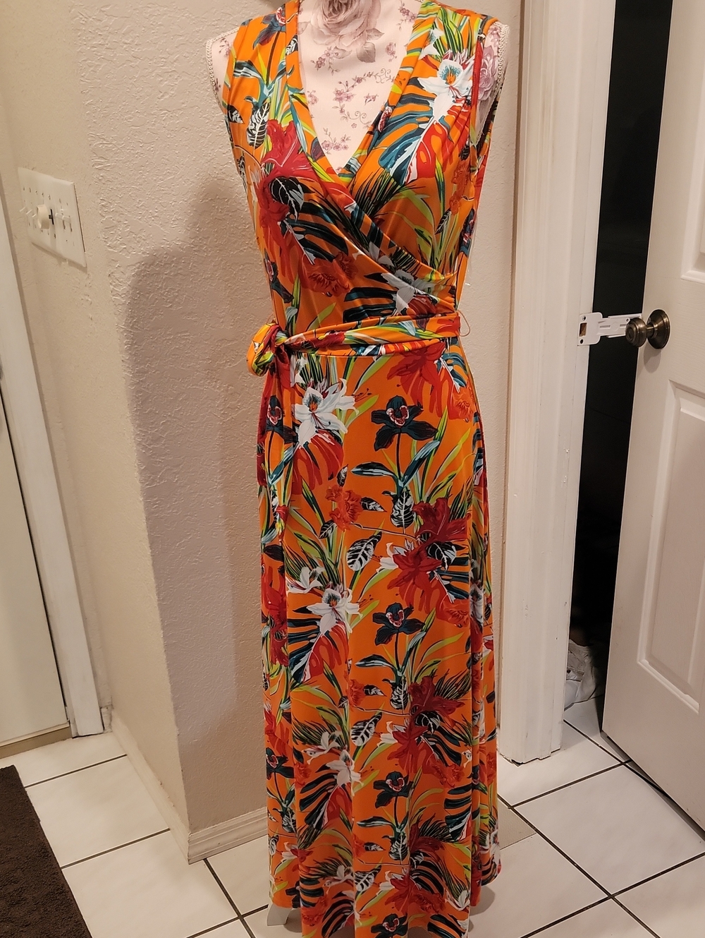 Lexington Avenue NYC Orange Tropical Floral Wrap Maxi Dress
